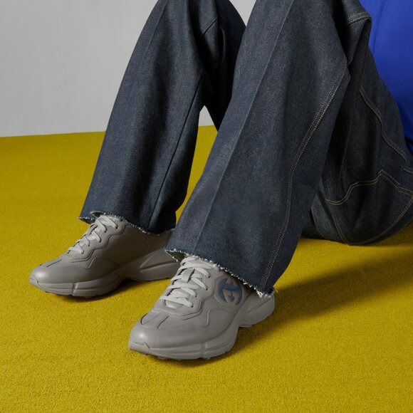 GUCCI SNEAKERS MENS RHYTON SHOES GREY INTERLOCKING LOGO LEATHER - Picture 2 of 15
